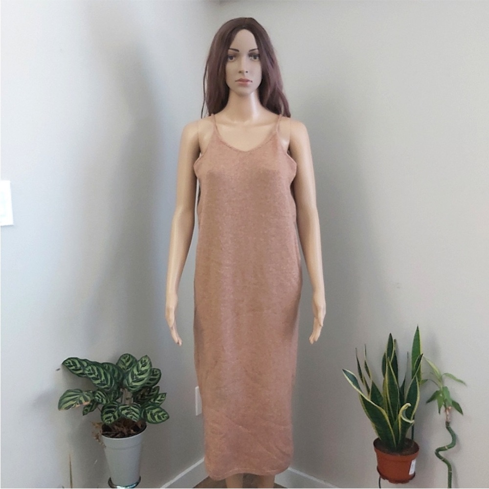 Vintage wool maxi dress metallic silver camel tan spaghetti straps asm